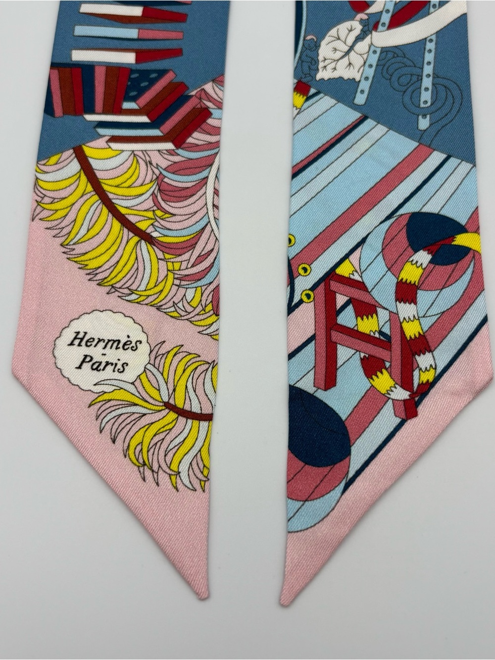 Hermes De l'Ombrelle aux Duels Twilly Scarf Blue Pink Patchwork - Picture 3 of 6